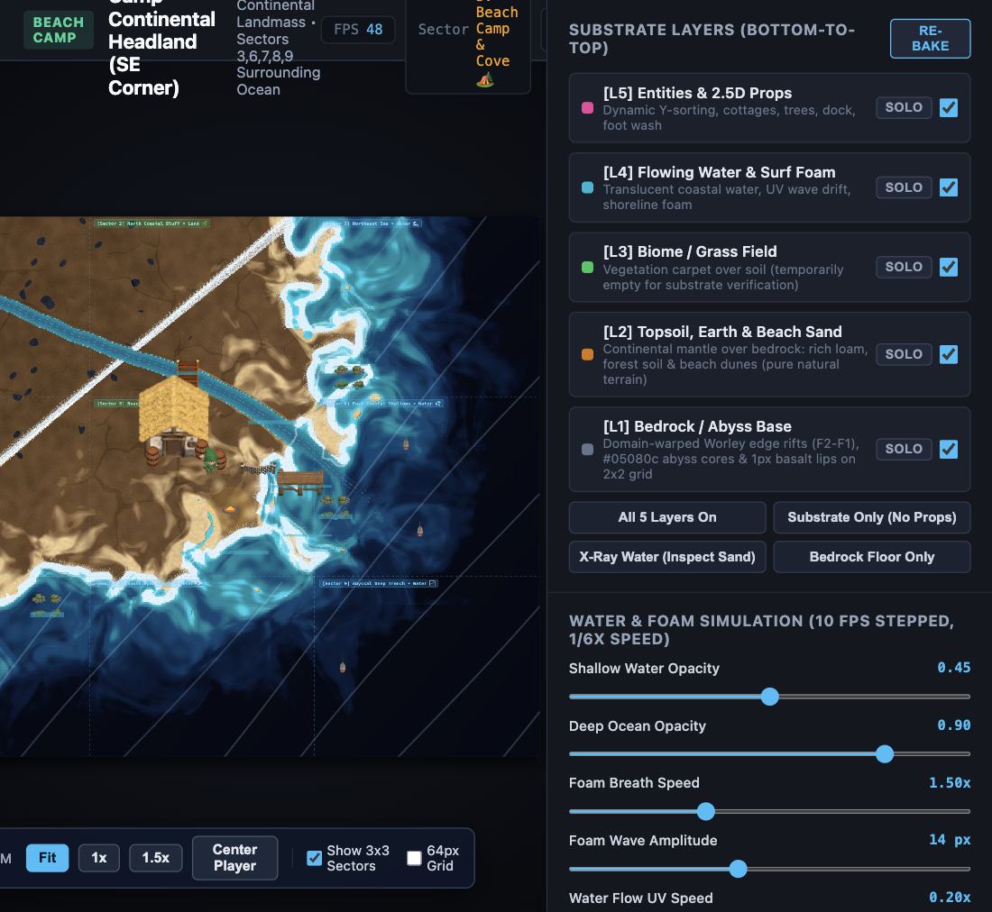 A coastal camp scene with a winding shore, beach, docks, and layered terrain controls