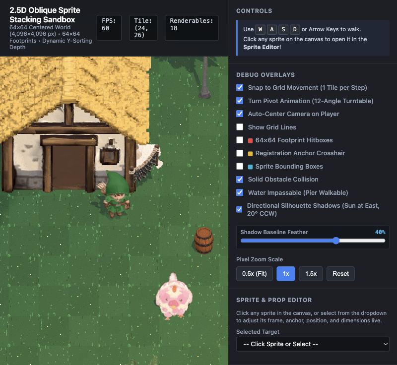 The sprite sandbox showing a character and props in a grassy world